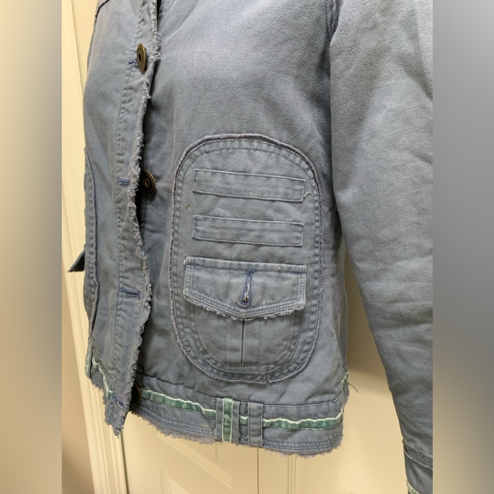 Denim Blue Size Small Lined Nikita Jacket Funnel Collar frayed hem Velour Piping - Picture 4 of 14